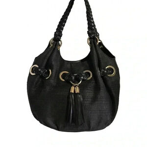 Michael kors black straw shoulder handbag with leather strap & trim